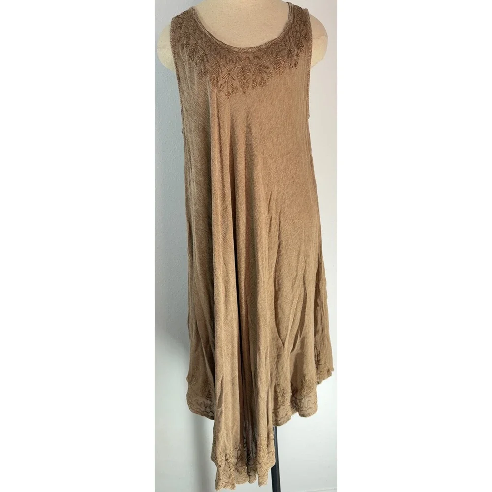 Boho Chic Tan Asymmetrical Midi Dress‎ Swim Coverup Floral Embroidered Lagenlook